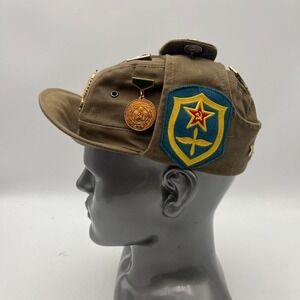 Vintage Soviet USSR Pilotka Military Hat 1991 Tank Patch Badge Medal Lot